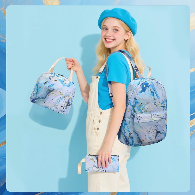 Bluboon Teen Girls School Backpack Kids Bookbag Set with Lunch Box Pencil Case Travel Laptop Backpack Casual Daypacks (Blue-white) - Image 2